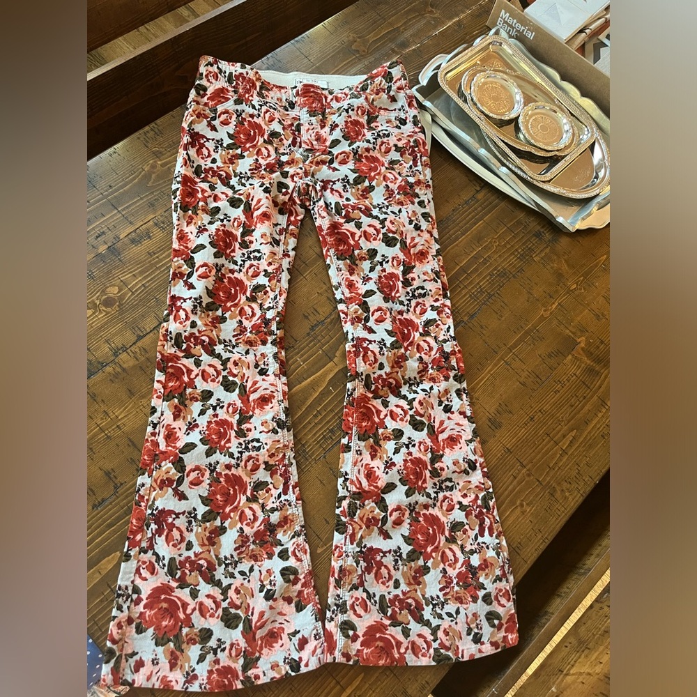 Free People Floral Flare Jeans - White with Red & Green Rose Print